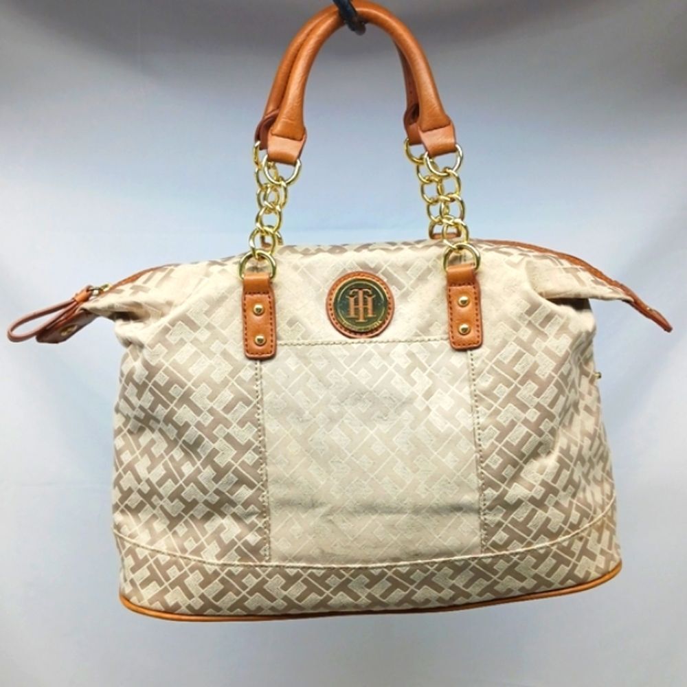 Tommy Hilfiger Beige Signature Logo Handbag Purse Satchel Top Canvas Exterior... - Picture 2 of 16
